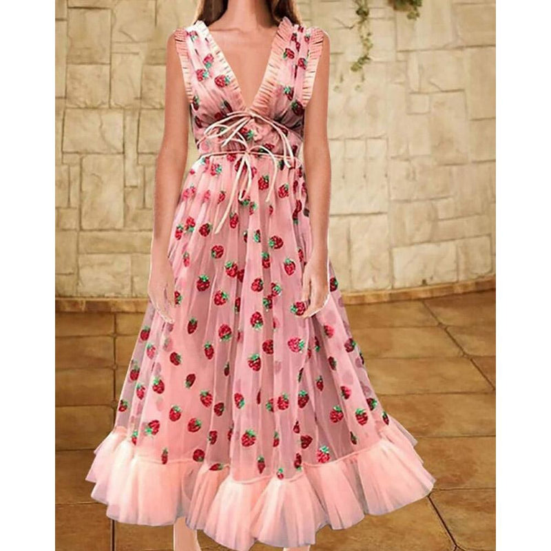High Waist Sleeveless Strawberry Mesh Dress Casual Fashionable