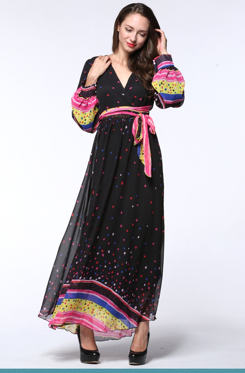 Muslim Women Stylish Kashibo Abaya Muslim Ladies Long Gown Islamic Clothing Jilbab Jalabiya Color Polka Dot Lantern Sleeve V-neck Chiffon Dress