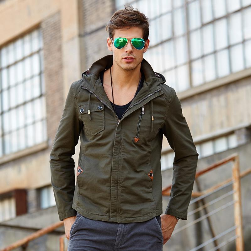 Men Fit Bomber Jacket Windbreaker Moto Street Coat Fall Jacket Men's Hooded Leisure Cotton Large Size