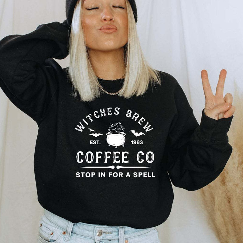Halloween Costumes Witches Brew Coffee Pumpkin Printed Crew Neck Sweatshirt Female
