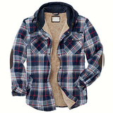 Mens Flannel Jacket with Hoodie Fleece-Lined Autumn and Winter Thickening Cotton-Padded Coat Plaid Long Sleeve Hooded Jacket