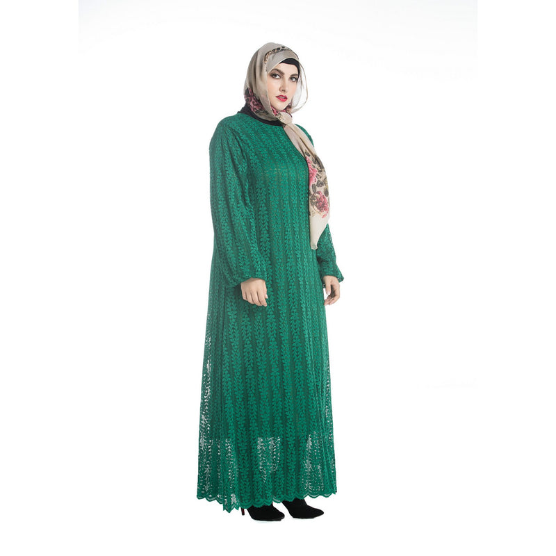 Muslim Women Stylish Kashibo Abaya Muslim Ladies Long Gown Islamic Clothing Jilbab Jalabiya Long Sleeve Round Neck Fashion Lace Dress