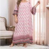Women Plus Size Maxi Dresses Printed Pink Loose Casual Long Sleeves Dress