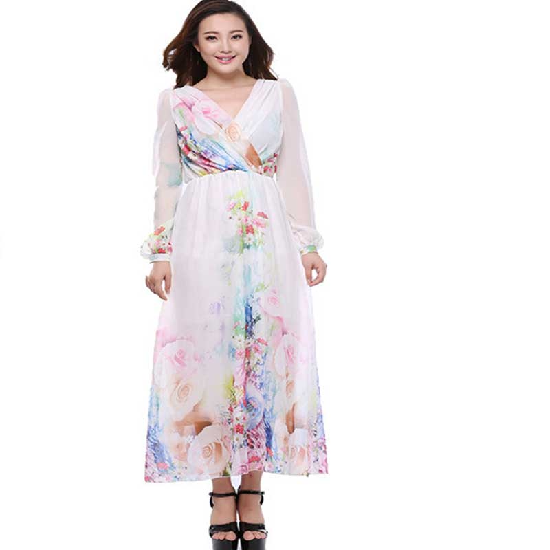 Women Plus Size Maxi Dresses Fashion Casual Long Sleeve Deep V Waist Trimming Printing Chiffon Large Swing Dress