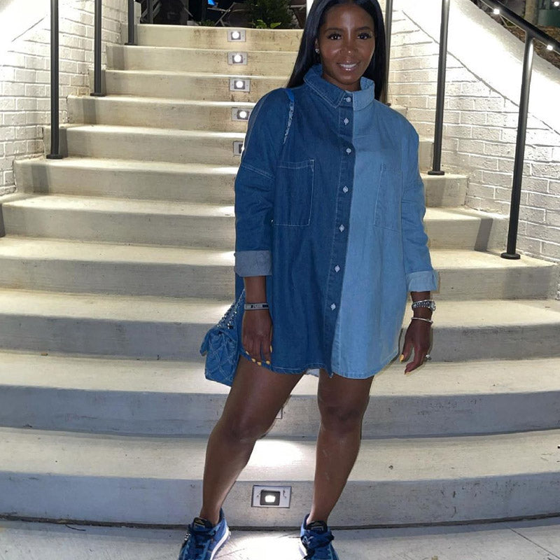 Women Denim Jacket Loose Denim Jacket Contrast Color Mid-Length Coat for Women