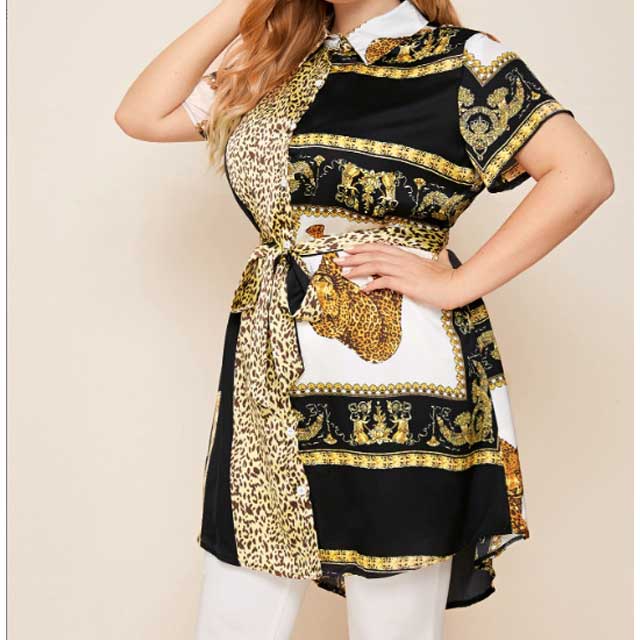 Women Plus Size Mini Dresses Short Sleeve Printed Breasted Shirt Dress