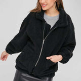 Women Sherpa Jacket Autumn and Winter BF Style Imitation Fur Casual Long Sleeve Stand Collar Loose Plush Coat