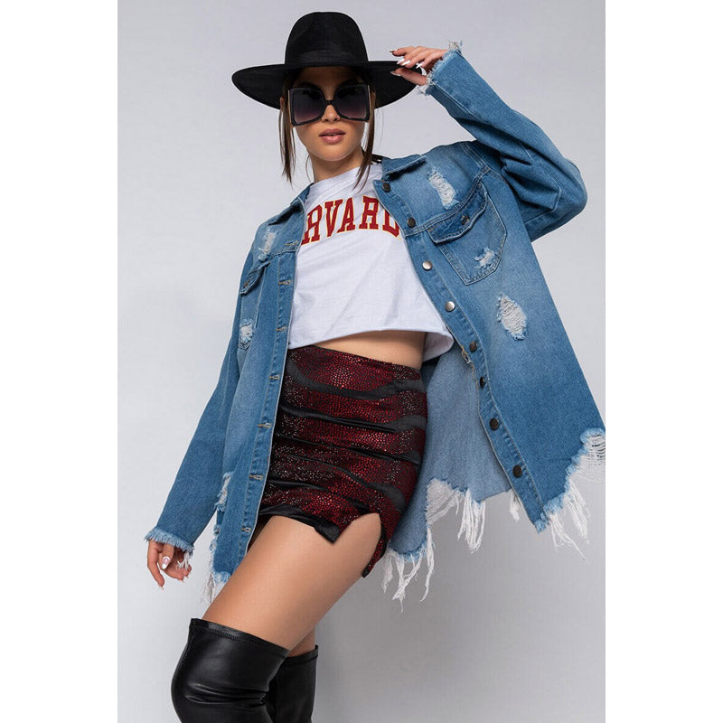 Women Denim Jacket Fashion Holes Mid-Length Denim Jacket