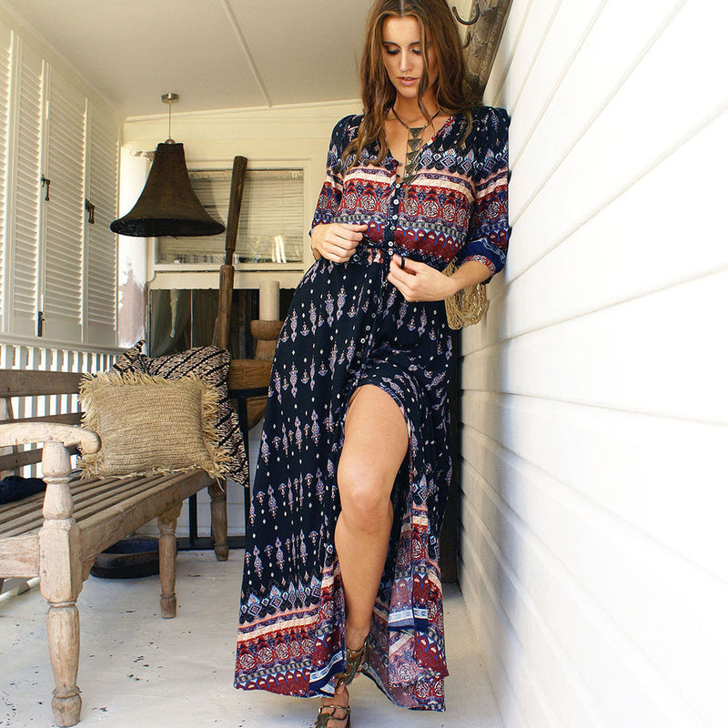 Women Dresses Fashion V-neck Cardigan Half Sleeve Vintage Dress