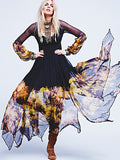 Beth Dutton Bohemian Winter Dress Maxi Dresses Pleated Flowy Long Dress Irregular Hem Flower Print Long Sleeve Dress