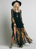 Beth Dutton Bohemian Winter Dress Maxi Dresses Pleated Flowy Long Dress Irregular Hem Flower Print Long Sleeve Dress