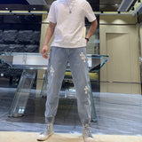 CHH Chrome Heart CHH Spring/Summer Leather Patchwork Metal Buckle Stitching Casual Denim Trousers