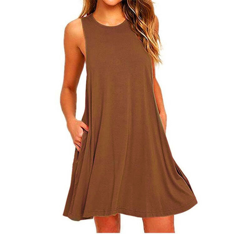 Work Dresses with Pockets Summer Fashion Sleeveless Solid Color Dress Women's Clothing