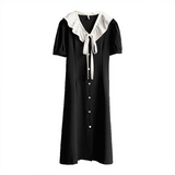 Kim Kardashian Marilyn Monroe Dress Summer Solid Color Dress Women's French Retro Mid-Length Lapel A- line Dress