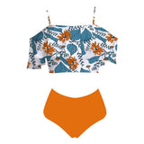 Women Plus Size Swimwear Tankinis Sexy Off-the-Shoulder Flounce High Waist Color Stitching Flamingo Split Swimsuit for Women