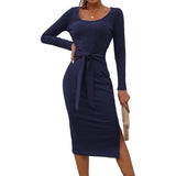 Work Dresses for Girls Autumn and Winter Women's Long Sleeve round Neck Slit Belt Slim Fit Mid-Length Dress