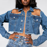 Women Denim Jacket Sexy Ripped off-Shoulder Denim Jacket for Women