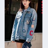 Yankees Spring and Autumn Embroidered Washed Casual Denim Jacket Coat for Men and Women