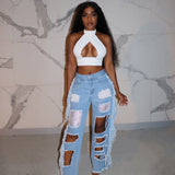 Women Distressed Denim Jeans Ripped Jean Loose Hole Jeans Wide Leg Pants