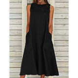 Work Dresses with Pockets round Neck Sleeveless Double Pocket Dress