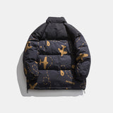 Man Fall Winter Outfis Winter Airplane Cartoon Print Stand-up Collar Cotton-Padded Coat Casual Top