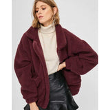 Women Sherpa Jacket Autumn and Winter BF Style Imitation Fur Casual Long Sleeve Stand Collar Loose Plush Coat