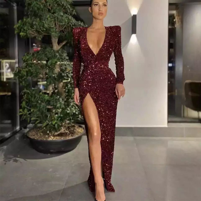 Mariah Carey Dress Sexy One-Shoulder Long Sleeve Embroidered Dress Split Dress