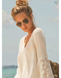 Women Plus Size Mini Dresses V-neck Loose Bell Sleeve Lace Stitching Dress