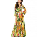 Nina Parker Dresses Lantern Sleeve Green Leaves Printed Dress Thickened