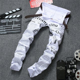 J Shaped Jeans Men's Denim Newspaper Printing Casual Trousers
