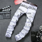 J Shaped Jeans Men's Denim Newspaper Printing Casual Trousers