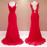 Women Lace Wedding Dress Sexy Backless Mopping Red Dress Deep V-neck Sleeveless Lace Dress