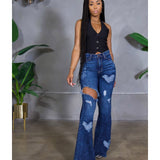 Women Distressed Denim Jeans Ripped Jean Ripped Worn Jeans Bell-Bottom Pants