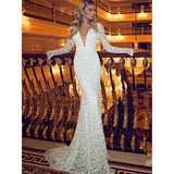Women Lace Wedding Dress Women Dress Sexy Deep V Long Sleeve Backless Gown