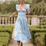 Women Summer Dresses Midi Dress Puff Sleeve Floral Tie-Neck High Slit Long Dress