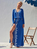 Embroidered Flower V-neck Long Dress