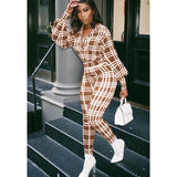 Women Plaid Catsuit Women Checkered Jumpsuit Fashion Fall and Winter Lapels Slim Fit Puff Sleeve Women's Plaid Printed Jumpsuit