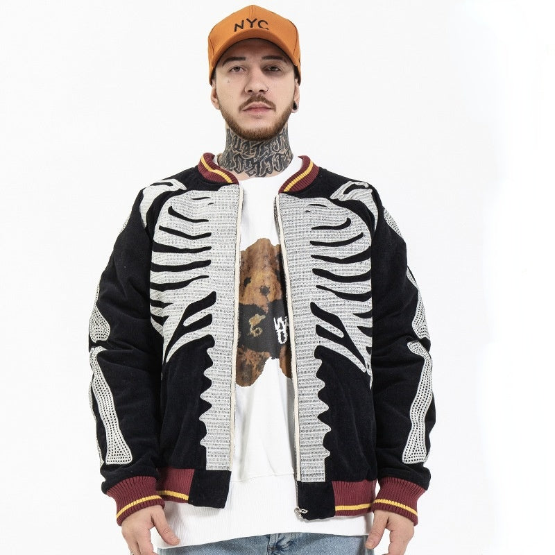 Skeleton Hoodie Vintage Embroidered Velvet Bone Suede Jacket Men's Loose