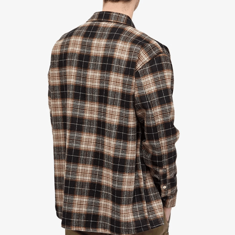Mens Flannel Jacket Vintage Wool Plaid Top Loose Long Sleeve Shirt Coat Men's Autumn