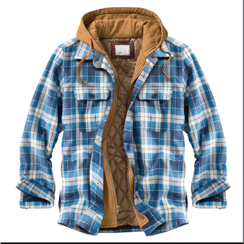 Mens Flannel Jacket with Hoodie Plaid Jacket Long-Sleeved 3D Woolen Printed Coat Cotton-Padded Jacket