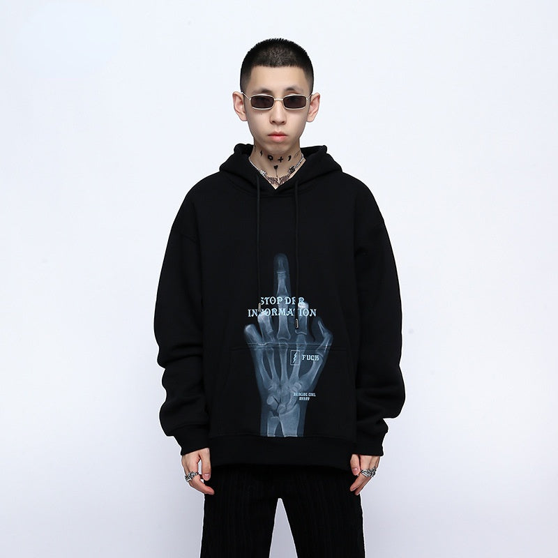 Skull Hoodie Autumn and Winter Skull Finger Print Hooded Hoodie Men's Fleece-Lined