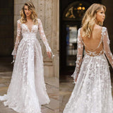 Women Lace Wedding Dress Sexy Lace Long Sleeve Dress Evening Dress
