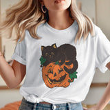 Halloween Costumes Hello Pumpkin Black Cat Pumpkin Printed round Neck T-shirt for Women