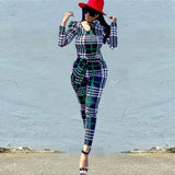 Women Plaid Catsuit Women Checkered Jumpsuit Fashion Sexy Slim Casual Plaid Long Sleeve Jumpsuit