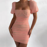 Women Summer Dresses Mini Dress Women's Spring Clothing Sexy See-through Square Collar Puff Sleeve Nightclub Skirt Dress Summer