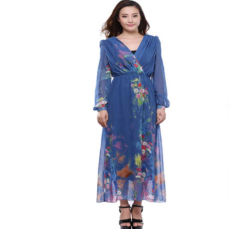 Women Plus Size Maxi Dresses Fashion Casual Long Sleeve Deep V Waist Trimming Printing Chiffon Large Swing Dress