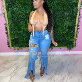 Women Distressed Denim Jeans Ripped Jean Worn Ripped Bell-Bottom Pants Jeans for Women