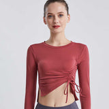Moisture Wicking Shirts Fall/Winter Yoga Wear Female Bow Drawstring Tight Long Sleeve Quick-Drying Sports Fitness Top