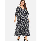 Women Plus Size Maxi Dressesv Collar Backless Short Sleeve Printed Elastic Waist Dress