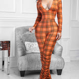 Women Plaid Catsuit Women Checkered Jumpsuit Women's Plaid Wrinkle Jumpsuit